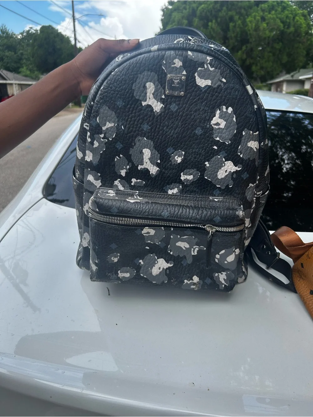 MCM Black Backpack with Gray & White Camo Accents